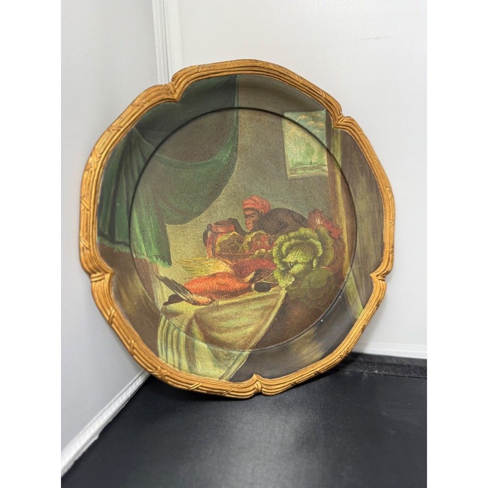 Vintage‎ Scalloped Chinese Decorative Plate Monkey in Turban Cabbage Whimsical